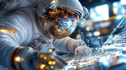 Poster - Astronaut engages with advanced technology during space mission in a futuristic environment