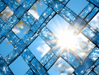 Wall Mural - Sun shining through blue lattice fence, outdoor summer background, ideal for website or print