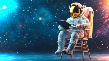 Poster - Astronaut seated on wooden chair in deep space while using a tablet computer