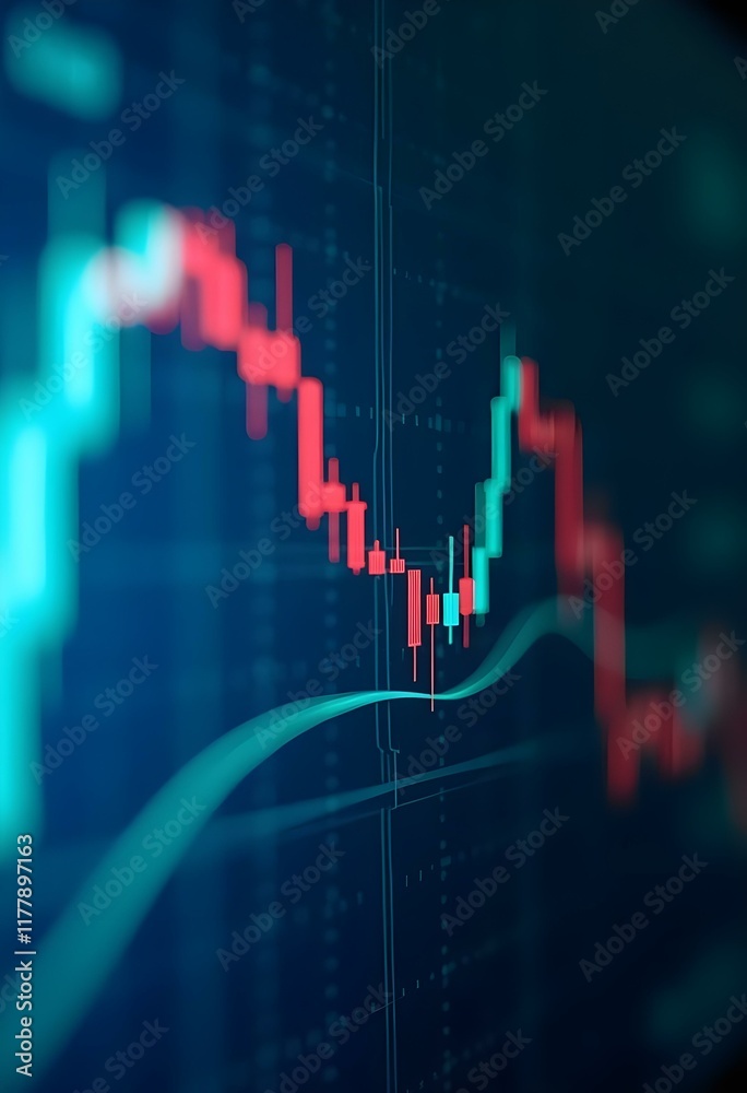 Stock market graph with red and green candlesticks on dark blue ...