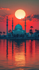 Poster - A Peaceful Mosque Silhouette Against A Vibrant Sunset, Designed As Ramadan Smartphone Wallpaper