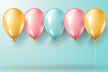 Poster - Stylized festive balloons on a bright sky blue background with space for text at the bottom