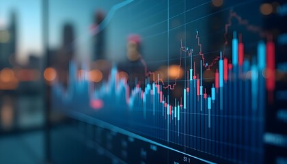stock market chart with candlestick graph on city background. financial analysis, trading concept. b