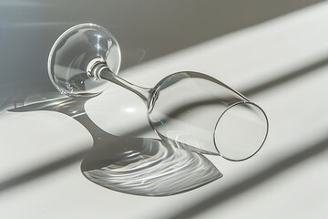 Poster - A tilted wine glass rests on a bright, light surface. Soft shadows and reflections create an artistic display as the light interacts with the glass, highlighting its curves.