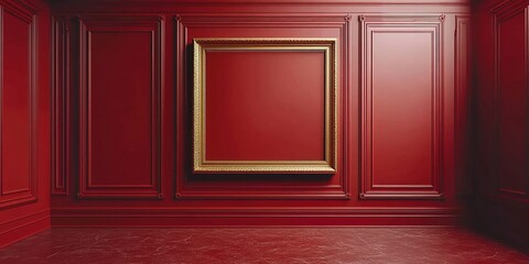 Poster - vibrant red room with an empty golden frame on the wall creating an intriguing artistic space for cr