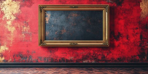 Poster - Elegant empty picture frame on vibrant red wall with golden accents in contemporary gallery interior