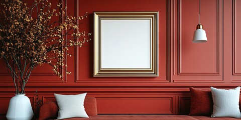 Poster - Modern interior design featuring a red wall, a cozy couch, and an empty frame in a stylish living space