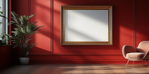 Poster - Bright and minimalist interior featuring a blank frame and a cozy chair in a red room with natural light