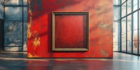Poster - Empty frame on a textured red wall in a modern gallery filled with natural light