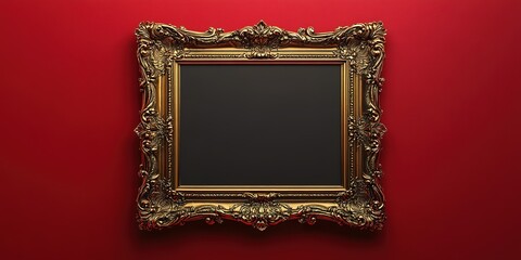 Poster - Ornate gold picture frame hung against vibrant red wall inviting artistic expression and creativity
