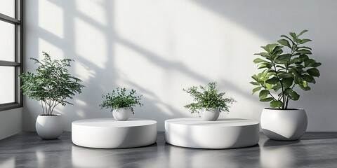 Poster - Indoor plants arranged on modern tables in a well-lit contemporary space with natural light streaming through large windows