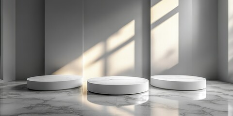 Poster - Modern minimalist display with circular platforms in a softly illuminated room