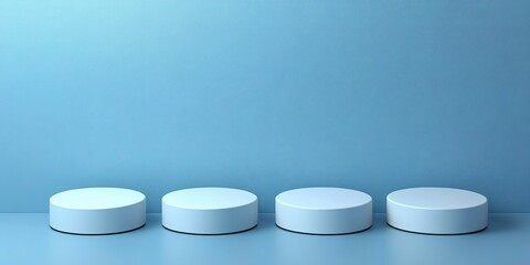 Poster - Simple white circular objects aligned on a light blue surface create a minimalist aesthetic in a modern space