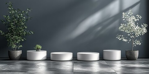 Poster - Modern indoor plants arranged in decorative pots on a sleek floor in a contemporary room setting