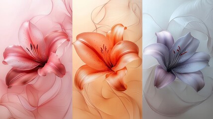 Canvas Print - Triptych of lilies in pink, orange, and purple hues, set against a flowing fabric backdrop.