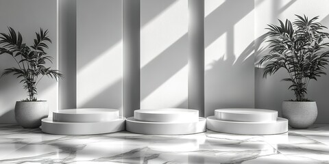 Poster - Modern display space with circular platforms and potted plants in bright interior light