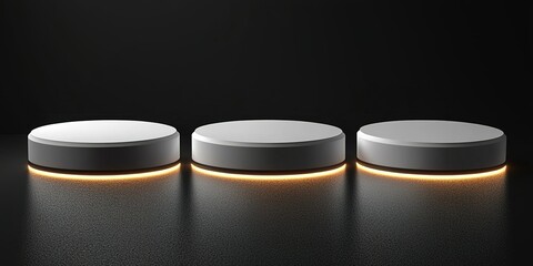 Poster - Three circular platforms illuminated with soft glow on dark background in a minimalistic design setting