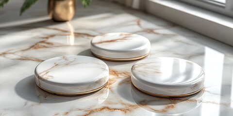 Poster - Elegant marble coasters arranged on a marble table with soft sunlight illuminating the scene