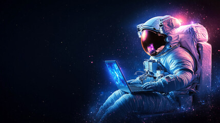 Poster - Astronaut engaged with a laptop in a cosmic environment with vibrant nebula colors