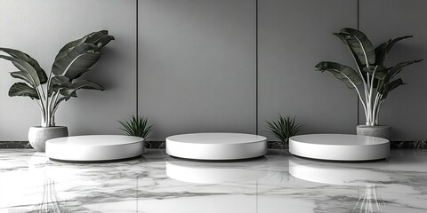 Poster - Minimalist indoor space with round platforms and greenery in a contemporary setting