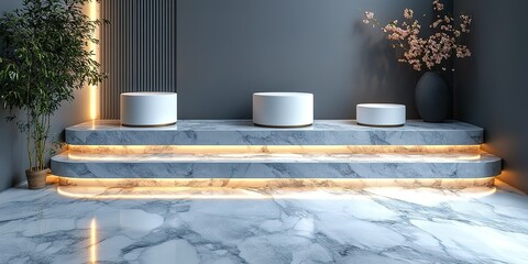 Poster - Modern interior design featuring a marble platform with illuminated edges and decorative elements