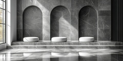 Poster - Modern interior design featuring arched niches and minimalist seating in a stylish room illuminated by natural light