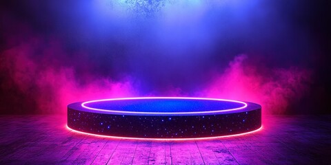 Poster - Vibrant stage with neon lighting and colorful fog creating a dramatic atmosphere for performances