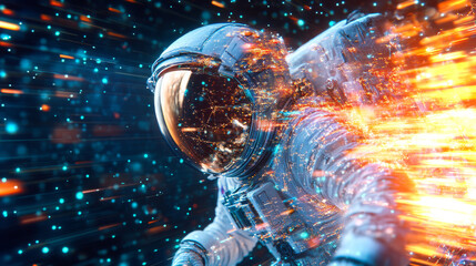 Poster - Astronaut completes final integrity check in space with advanced technology in view
