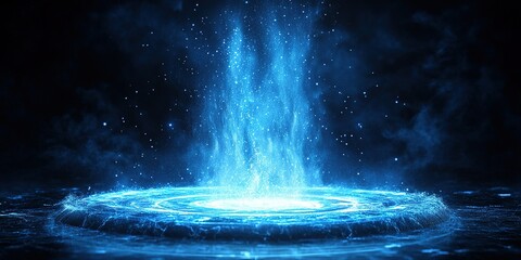 Poster - Vibrant blue energy burst in a dark background with swirling particles and glowing rings