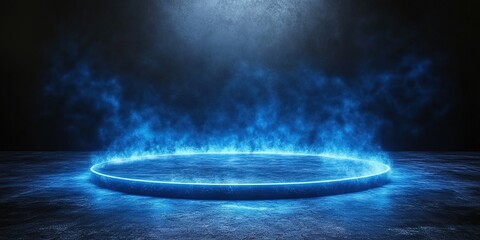 Poster - Glowing blue circle with mist on a dark surface creates a mystical atmosphere in an empty space