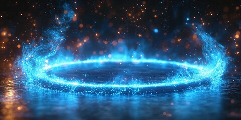 Poster - Bright blue glowing circle with shimmering particles on a dark surface at night