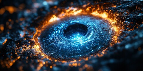 Poster - Unique cosmic circular structure surrounded by fiery orange hues and glowing blue center creates a stunning visual effect