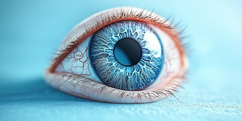 Poster - Detailed depiction of a human eye with vibrant blue iris and intricate patterns against a soft blue background