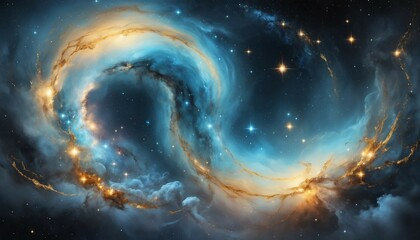 Wall Mural - Abstract dreamy galaxy with radiant gold arcs and faint icy blue cosmic mist