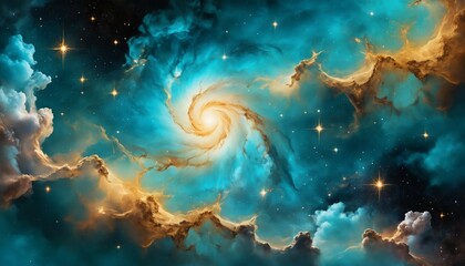 Wall Mural - Abstract galaxy with golden nebula clouds and a dreamy turquoise backdrop