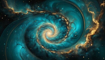 Wall Mural - Abstract surreal galaxy with iridescent teal and gold swirls, surrounded by radiant stars