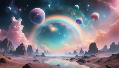 Wall Mural - Dreamy cosmic scene featuring pastel rainbow nebulae and softly glowing orbs