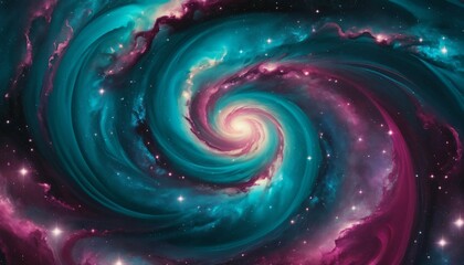 Wall Mural - Dreamy galaxy swirls of deep teal and magenta, surrounded by glimmering starlight