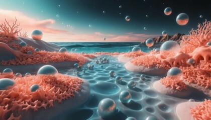 Wall Mural - Dreamy surreal cosmic scene blending coral waves with floating opalescent spheres