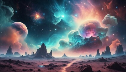 Wall Mural - Dreamy surreal cosmic scene with glowing opal-like nebulae and sparkling dust clouds
