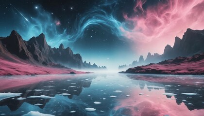 Wall Mural - Dreamy surreal starfield with icy blue waves and pink cosmic fog drifting softly
