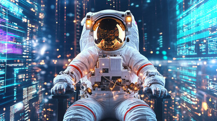 Poster - Astronaut engaged in online activity surrounded by digital landscape in 4k resolution