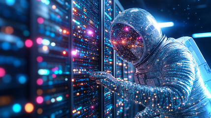 Poster - Astronaut conducts maintenance in a futuristic server room while crouched down