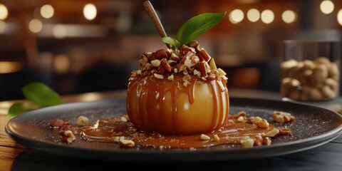 Wall Mural - Delicious caramel apple dessert topped with nuts served in a cozy restaurant during evening hours