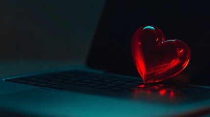 Wall Mural - Glowing Red Heart on a Laptop Keyboard - Powerful Symbol of Love and Passion