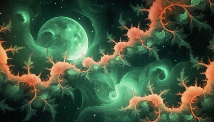 Wall Mural - Surreal celestial background with glowing green fractals and misty coral clouds
