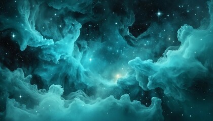 Wall Mural - Surreal celestial background with misty aqua nebula and fragmented starry textures
