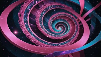 Wall Mural - Surreal cosmic background with spiraling iridescent ribbons and vivid pink glimmers