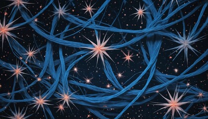 Wall Mural - Surreal cosmic background featuring glowing blue threads and scattered pale coral stars