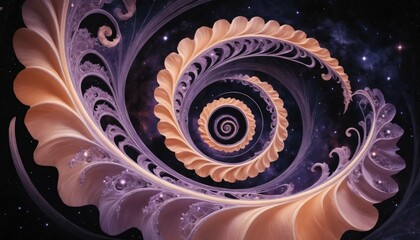 Wall Mural - Surreal cosmic scene with delicate peach and violet spirals over dark ethereal space